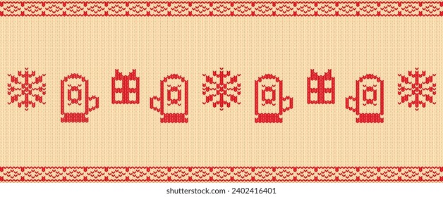 Cozy Knit Christmas Background Adorned With Festive Mittens, Wrapped Gifts, And Delicate Snowflakes, Vector Illustration