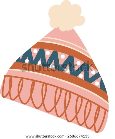 A cozy knit hat with geometric patterns and a fluffy pom-pom in a cartoon style. The winter cap features zigzag and dot designs with a soft top. Cartoon vector illustration.