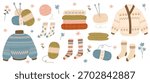 Cozy knitted elements. Set of cute sweater, socks and yarn balls. Fall clothes kit. Vector flat illustration.
