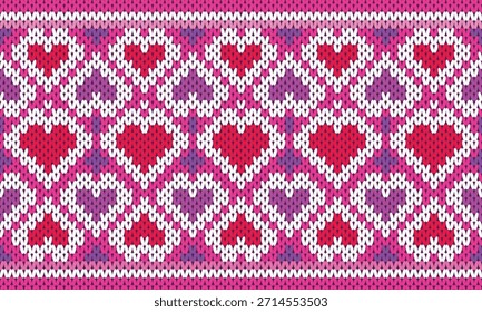 Un patrón de punto acogedor con repetidas Formas de corazón en rosa, rojo y blanco.