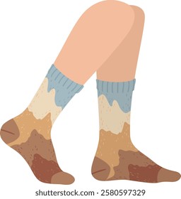 Cozy knitted socks in warm shades of brown, beige, and blue enveloping a woman s feet while walking, providing a delightful blend of comfort and stylish flair