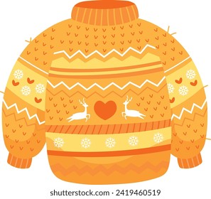 Cozy knitted sweater with festive pattern, perfect for winter holidays. Colorful Christmas jumper illustration with reindeer and snowflakes design.