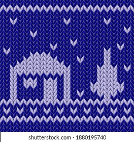 Cozy knitted texture with christmas tree and house, seamless pattern, simple vector illustration