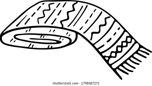 Cozy knitted wool scarf with scandinavian patterns. Autumn or winter clothing accessory.  Hand draw vector illustration in Doodle style. Black outlines isolated on a white  background.