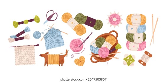 Aconchegante tricô essenciais, fios, agulhas, e texturas feitas à mão. Elementos para tricô e bordados. Ilustração de vetor plano.