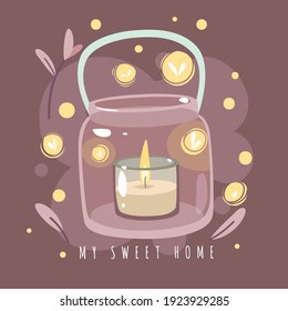 Cozy lamp. Glass hanging tea candle holder, fireflies and insects all around, decorative glow lantern, glowing jar. Vector concept