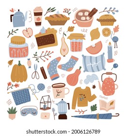 Cozy large autumn set. Cute fall begerage, leaves, food, interior decor in trendy pastel color palette in scandinavian style. Modern flat vector illustration.