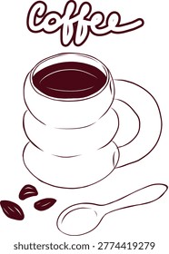 A cozy, large rounded mug filled with dark coffee, accompanied by a spoon and decorative coffee beans. Hand-drawn minimalist style.