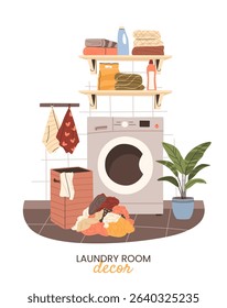 Cozy laundry room interior with washing machine, shelves for detergents, towels, laundry basket, hanging towels, houseplant. Vector illustration in flat style.