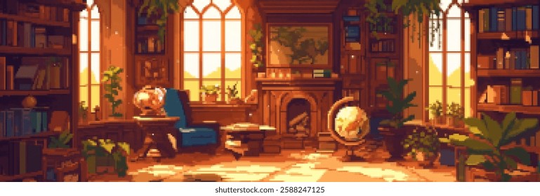 A cozy library with large windows letting in warm sunlight. The room features bookshelves filled with books, a comfortable blue chair, a globe, and various plants. 