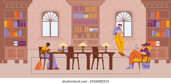 Escena acogedora de la biblioteca con personas comprometidas en la lectura, escritura y relajación. Estanterías de colores, muebles de madera e iluminación tenue crean un ambiente de estudio tranquilo.