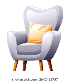 Cozy light gray armchair with a beige decorative pillow and wooden legs. Vector cartoon illustration