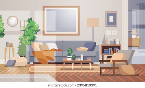 Cozy light living room. Room interior in Scandinavian style. Flat design vector illustration