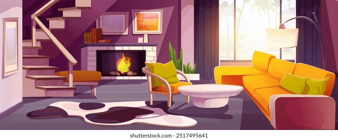 Cozy light living room interior. Cartoon home or hotel modern hall inside with yellow sofa and armchair, stairs to second floor and fireplace, table and floor lamp, pictures on wall and house plant.