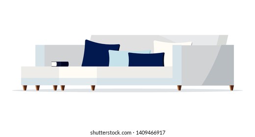 Cozy light white grey and blue color soft sofa icon with book and cushions isolated on white background. Home furniture vector illustration in flat cartoon style. Interior graphic design elements.