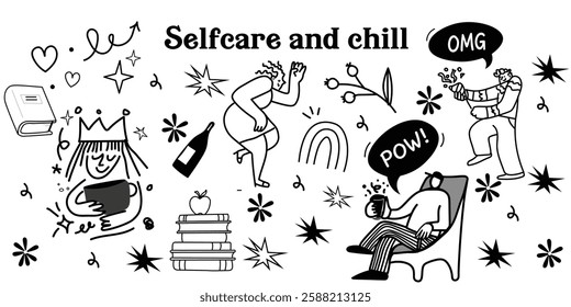 A cozy line art collection of people chilling, dancing, reading, sipping wine, and surrounded by flowers, stars, and dreamy small design elements. Perfect for self-care, relaxation, and lifestyle them