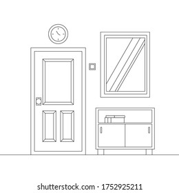 Cozy line art home entrance hall interior background. Corridor scene with entrance door and furniture wall clock, chest of drawers, mirror. Flat design cartoon vector illustration with editable stroke