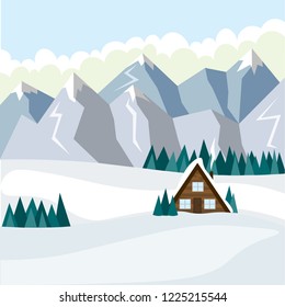 Cozy little house during the day against the backdrop of winter snowy mountains. Illustration in flat style