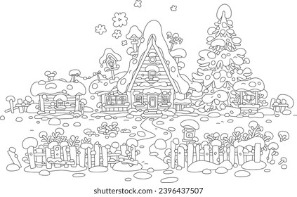 Cozy little house with a smoking chimney, a bathhouse, a woodshed, a draw-well, a spruce tree and a fence on a snowy winter day in a village, black and white vector cartoon illustration