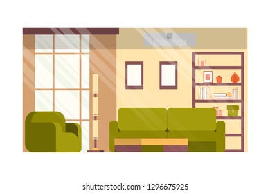 Cozy Living or Guest Room, House Hall in Minimalistic Design Flat Vector Interior with Comfortable Sofa and Armchair, Books and Decor Elements on Rack, Paintings or Photo Frames on Wall Illustration