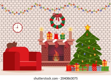 Cozy living interior Christmas with red sofa, gifts, and tree. Vector flat style illustration. Eps 10
