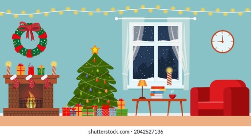Cozy living interior Christmas with red sofa, gifts, and tree. Vector flat style illustration. Eps 10