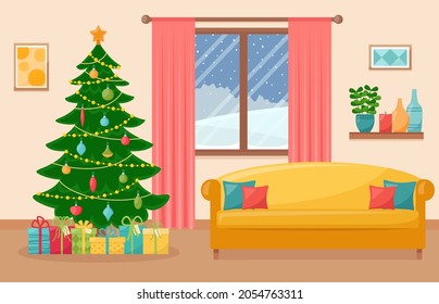 Cozy living interior with Christmas tree. New Year decorated living room. Vector illustration