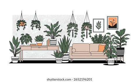 Aconchegante sala de estar adornada com vegetação abundante e boho chique decoração acentos criando um oásis interior sereno para o relaxamento