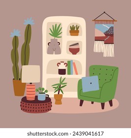 Cozy living room or apartment furnished with trendy Scandic hygge decor. Stylish interior composition. Perfect for social media posts, cards and posters. All elements are isolated.