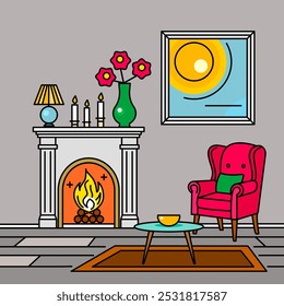 Cozy living room with armchair and fireplace. Flat vector illustration in linear style.