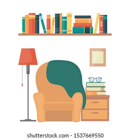 Cozy living room: armchair, nightstand, books, floor lamp, bookshelf. Interior elements of home library. Love reading concept illustration, flat style vector