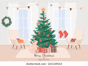 A cozy living room with armchairs and panoramic windows with a Christmas decorated tree and gifts. Flat style vector illustration