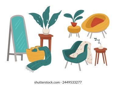 A cozy living room arrangement in vector format, showcasing comfortable furniture and warm textiles, isolated on white.