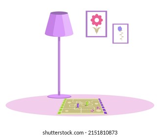 Cozy living room atmosphere with strategic board game. Home activity and recreation with educational logic game concept. Board with chips and dice on floor. Interior of room for family pastime