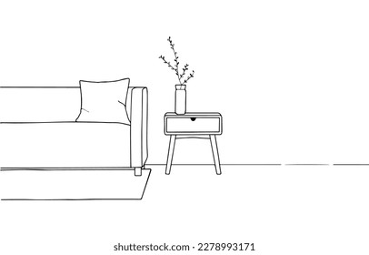 Cozy living room in boho style with Sofa, table, vase with flowers. Bedside table. Linear sketch of the interior in a modern style. Vector illustration Flat design element for website or app, graphic,