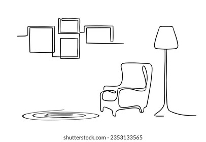 Cozy living room in boho style. indoor furniture. Hand drawn doodle linear sketch of the interior in a modern style. 