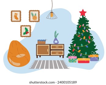 Cozy living room with carpet on the floor, decorated for Christmas and New Year. Winter holidays interior with Christmas tree, bean bag chair, Christmas pictures, gifts, garland gift. Flat vector
