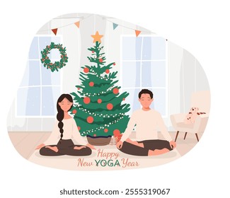 Cozy living room with Christmas tree and Christmas tree wreath for the winter holiday. Happy New Yoga Year with women and man meditating in lotus pose. Vector illustration