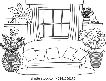 Cozy living room coloring page. Living room interior design. Cute coloring book for children and adults