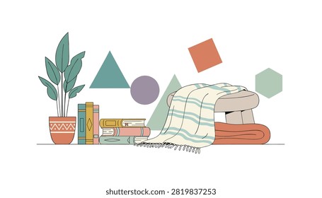 Cozy living room corner interior with a potted leafy plant, a stack of colorful books, and a knitted blanket draped over a stool.