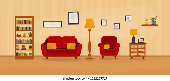 Cozy living room with a couch, armchair, pillows, cabinet, lamps,photo, plants. The wall is decorated with paintings. Cartoon flat style vector illustration. Can be used as poster,for article, prints.