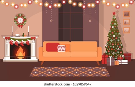 The cozy living room is decorated for Christmas holidays. Christmas tree, fireplace, sofa, garlands and gifts. Festive home interior in flat style. Stoke vector illustration.