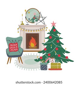 Cozy living room decorated for the Christmas and New Year. Scandinavian interior. Winter holidays interior with Xmas tree, fireplace, armchair, gift boxes, candles. Flat style vector illustration.