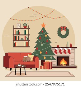 Cozy living room with a decorated Christmas tree, stockings on a fireplace, a sleeping cat on a red sofa, and festive garlands. Presents, candles, and a wreath create a warm atmosphere