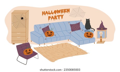 Cozy living room decorated for the holiday. Halloween pumpkins and candles. Banner, poster, web page design. Vector flat illustration.