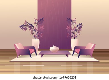 Cozy living room design and decor accessories, in retro style with a deep perspective, vector horizontal illustration