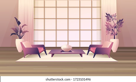 Cozy living room design and decor accessories, in retro style with a deep perspective, vector horizontal illustration
