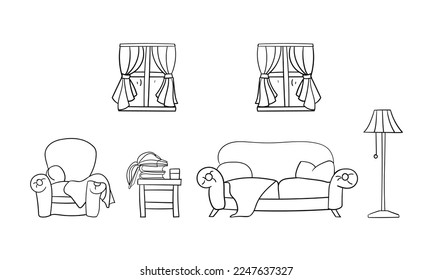Acogedora sala de estar conjunto de ilustraciones vectoriales dibujadas a mano.