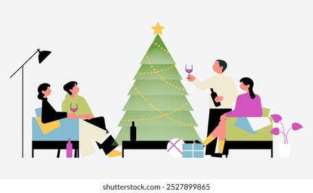 
A cozy living room with a family gathered around, stringing lights and hanging ornaments on a beautifully lit Christmas tree. minimal illustration