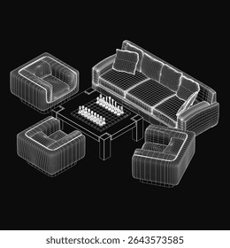 A cozy living room features a 3D model with a plush couch, two armchairs, and a chessboard set with pieces. The dark background enhances the warm, inviting atmosphere, perfect for relaxation